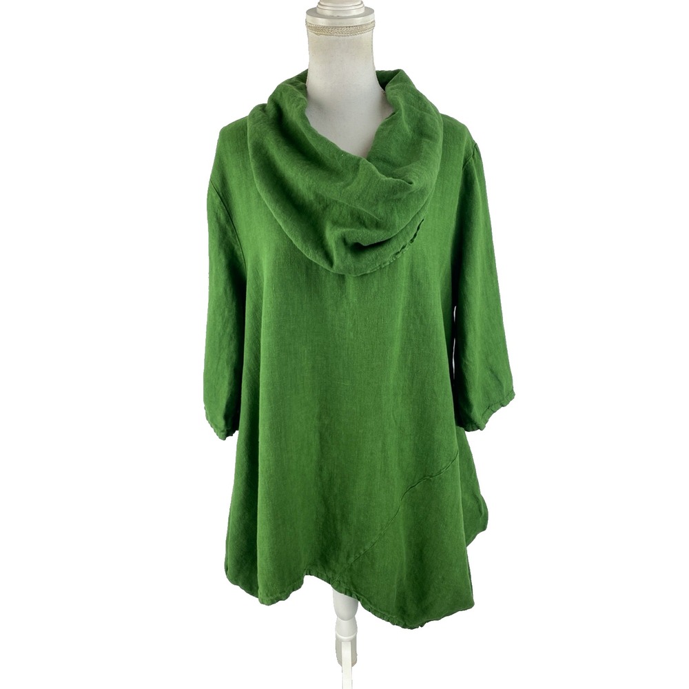 Bryn Walker Womens L Noma Cowl Neck Tunic Linen Lagenlook Asymmetric Hem Moss